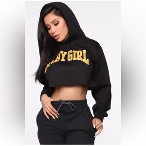 FASHIONNOVA Babygirl sweatpants & crop hoodie set in black